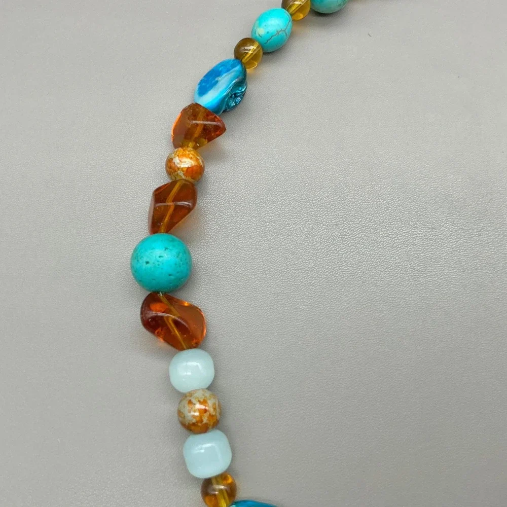 Necklace Turquoise Blue Amber Beaded Shell Gold Foil Long Boho Statement 30